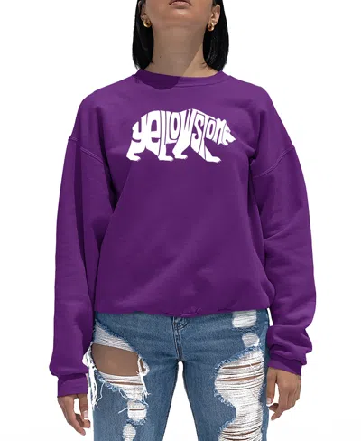 La Pop Art Women's Yellowstone Bear Word Art Crewneck Sweatshirt In Purple