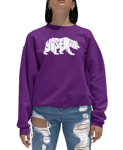 La Pop Art Women's Yosemite Bear Word Art Crewneck Sweatshirt In Purple