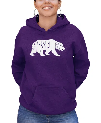 La Pop Art Women's Yosemite Bear Word Art Hooded Sweatshirt In Purple