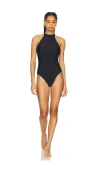 La Porte Cass Tipped Halter One Piece Swimsuit In Jet Black & Cloud Tipping