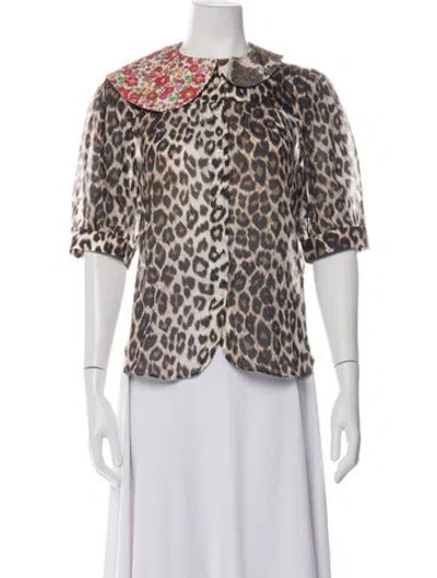 Pre-owned La Prestic Ouiston Animal Print Short Sleeve Blouse In Brown