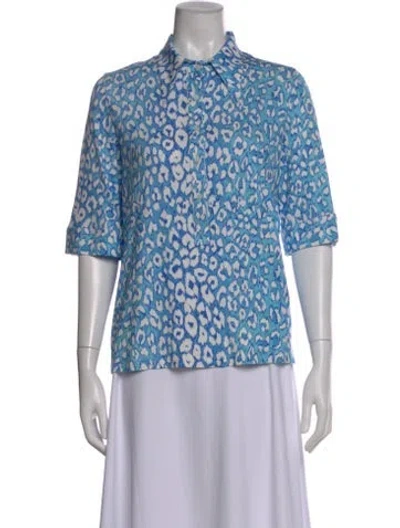 Pre-owned La Prestic Ouiston Animal Print Three-quarter Sleeve Button-up Top In Blue