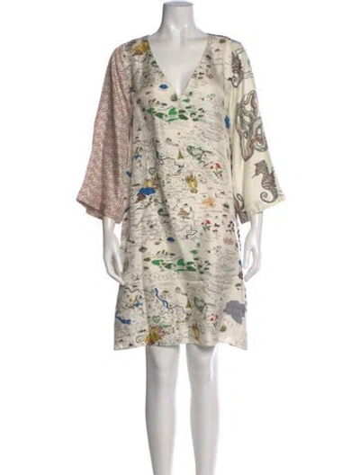 Pre-owned La Prestic Ouiston Floral Print Knee-length Dress In Neutral