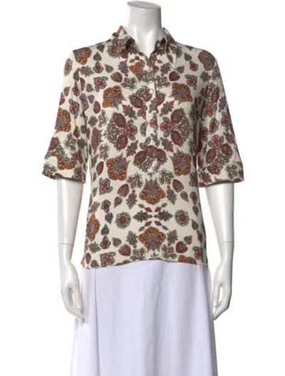 Pre-owned La Prestic Ouiston Paisley Print Short Sleeve Blouse In Neutral