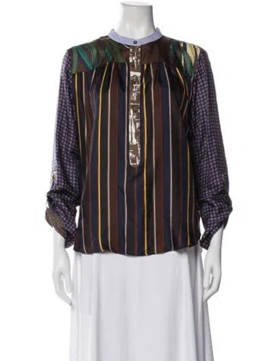 Pre-owned La Prestic Ouiston Patterned Long Sleeve Blouse In Blue