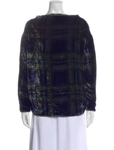 Pre-owned La Prestic Ouiston Plaid Print Scoop Neck Top In Blue