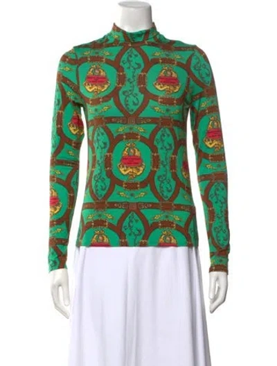 Pre-owned La Prestic Ouiston Printed Mock Neck Top In Green