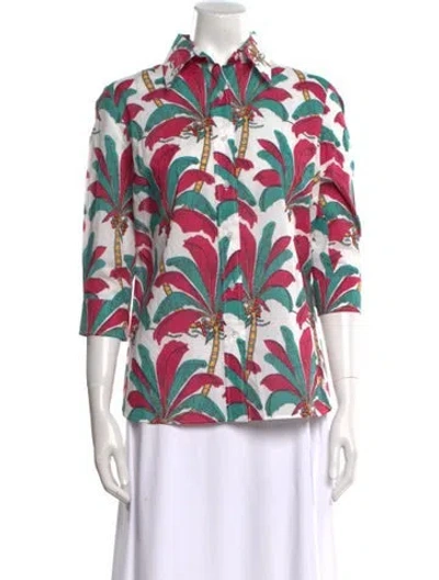 Pre-owned La Prestic Ouiston Printed Three-quarter Sleeve Button-up Top W/ Tags In Multi