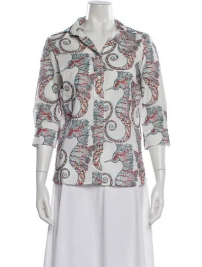 Pre-owned La Prestic Ouiston Printed Three-quarter Sleeve Button-up Top W/ Tags In White