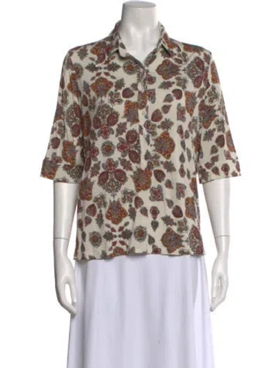 Pre-owned La Prestic Ouiston Printed Three-quarter Sleeve Button-up Top In White