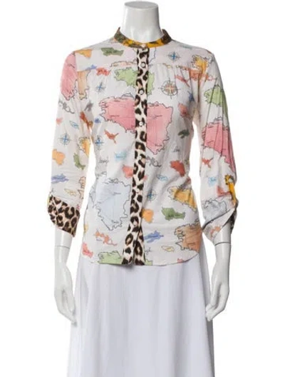 Pre-owned La Prestic Ouiston Printed Three-quarter Sleeve Button-up Top In White