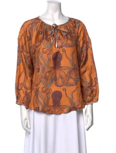 Pre-owned La Prestic Ouiston Printed Tie Neck Blouse In Orange