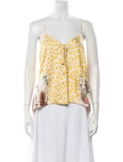 Pre-owned La Prestic Ouiston Silk Animal Print Top In Yellow