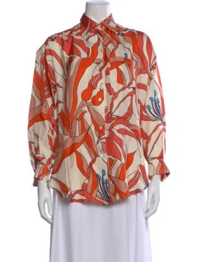 Pre-owned La Prestic Ouiston Silk Floral Print Blouse In Neutral