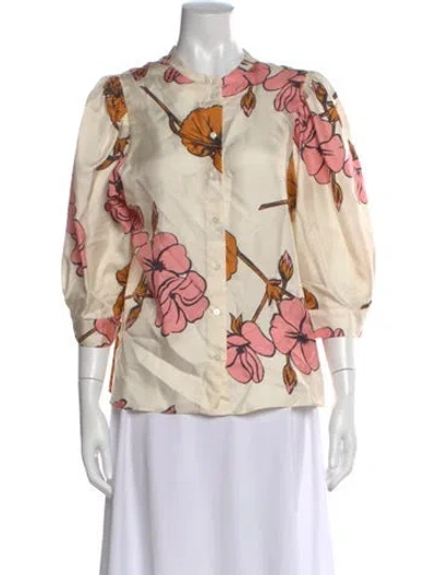 Pre-owned La Prestic Ouiston Silk Floral Print Blouse In Neutral