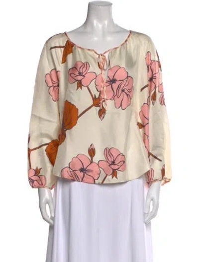 Pre-owned La Prestic Ouiston Silk Floral Print Blouse In Neutral