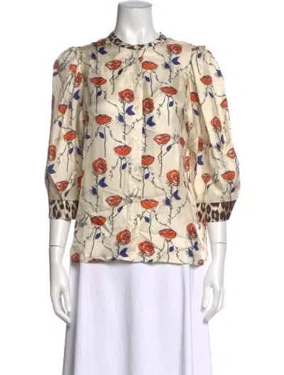 Pre-owned La Prestic Ouiston Silk Floral Print Blouse In Neutrals