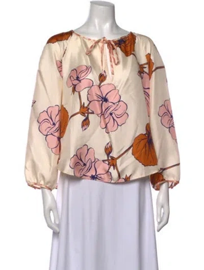 Pre-owned La Prestic Ouiston Silk Floral Print Blouse In Neutrals/orange