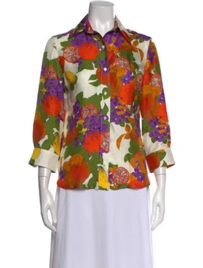 Pre-owned La Prestic Ouiston Silk Floral Print Blouse In Orange
