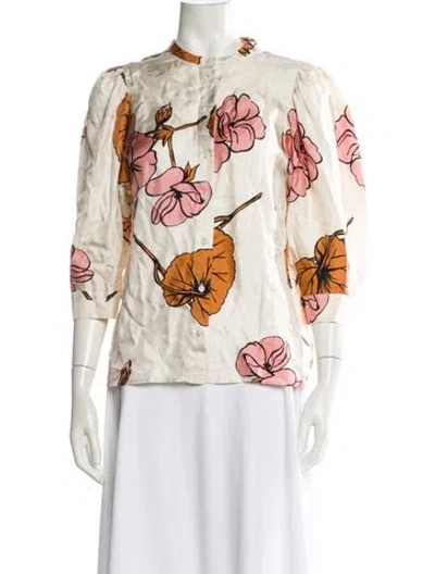 Pre-owned La Prestic Ouiston Silk Floral Print Blouse In Yellow