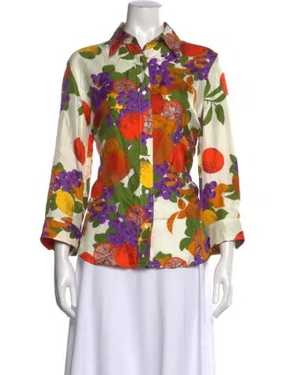 Pre-owned La Prestic Ouiston Silk Floral Print Button-up Top In Multi