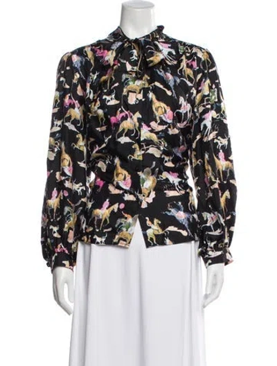 Pre-owned La Prestic Ouiston Silk Graphic Print Blouse In Multi