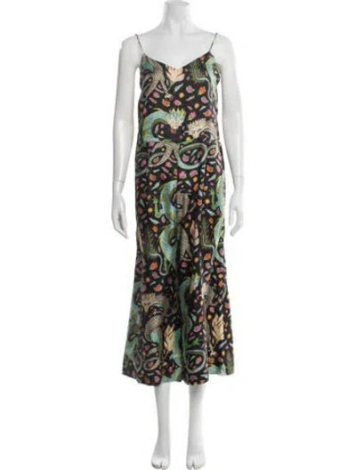 Pre-owned La Prestic Ouiston Silk Graphic Print Jumpsuit In Green
