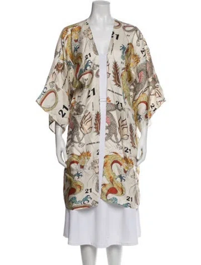 Pre-owned La Prestic Ouiston Silk Graphic Print Robe In Neutral