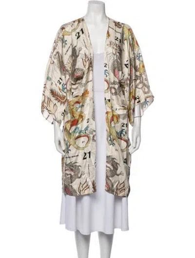 Pre-owned La Prestic Ouiston Silk Graphic Print Robe In White
