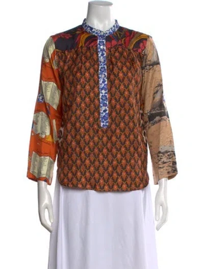Pre-owned La Prestic Ouiston Silk Patterned Blouse In Brown