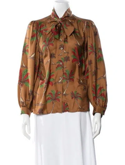Pre-owned La Prestic Ouiston Silk Printed Blouse In Brown