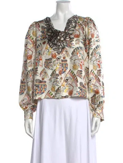 Pre-owned La Prestic Ouiston Silk Printed Blouse In Neutrals