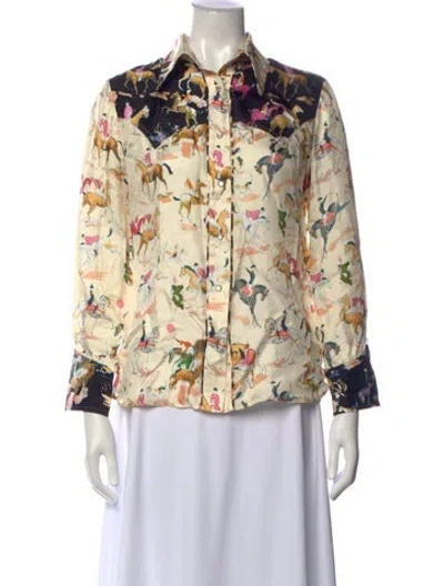 Pre-owned La Prestic Ouiston Silk Printed Blouse In Neutrals