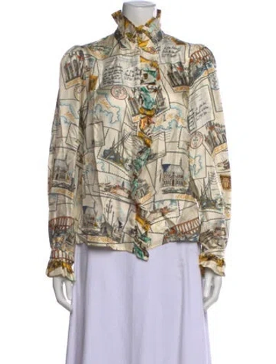 Pre-owned La Prestic Ouiston Silk Printed Blouse In Neutrals