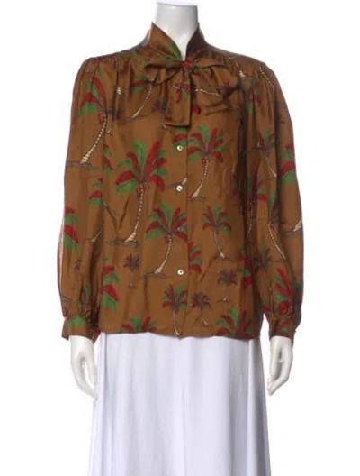 Pre-owned La Prestic Ouiston Silk Printed Blouse W/ Tags In Brown