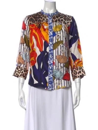 Pre-owned La Prestic Ouiston Silk Printed Blouse In White