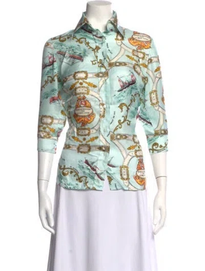 Pre-owned La Prestic Ouiston Silk Printed Button-up Top In Green
