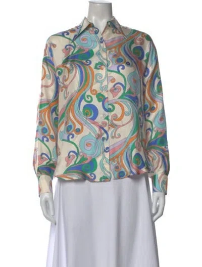Pre-owned La Prestic Ouiston Silk Printed Button-up Top In Multi