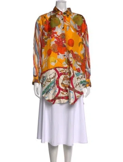 Pre-owned La Prestic Ouiston Silk Printed Button-up Top In Multi