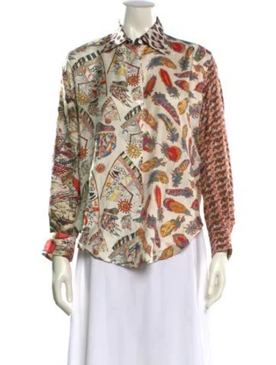 Pre-owned La Prestic Ouiston Silk Printed Button-up Top In Neutral