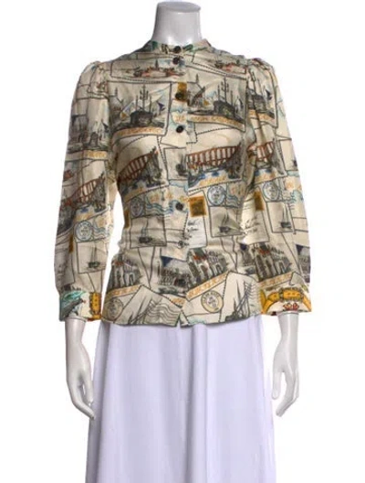 Pre-owned La Prestic Ouiston Silk Printed Button-up Top In Neutrals