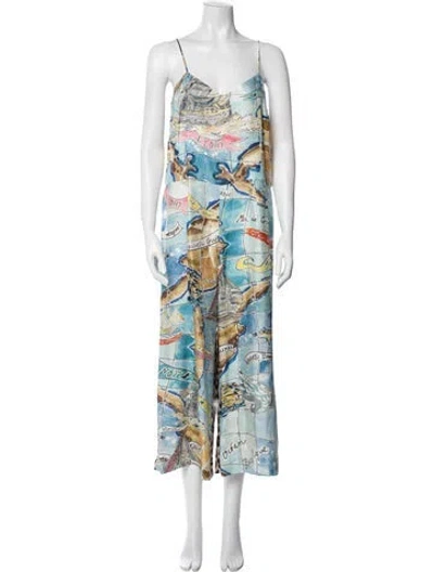 Pre-owned La Prestic Ouiston Silk Printed Jumpsuit In Blue