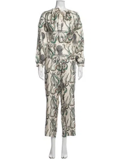 Pre-owned La Prestic Ouiston Silk Printed Pant Set In Neutrals