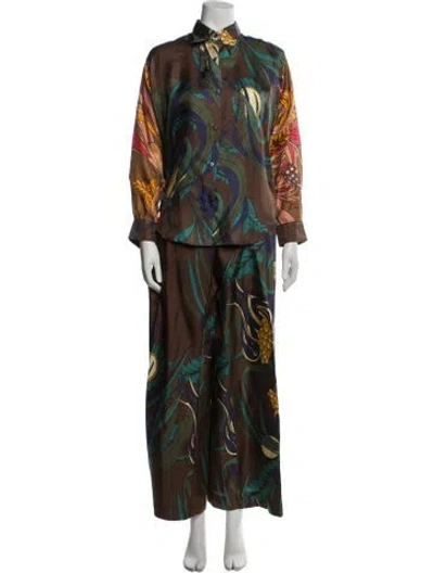 Pre-owned La Prestic Ouiston Silk Printed Pant Set W/ Tags In Brown