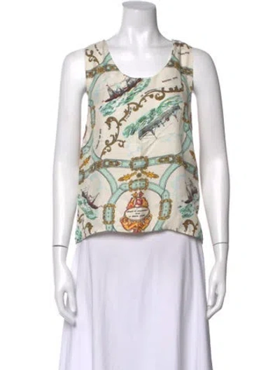 Pre-owned La Prestic Ouiston Silk Printed Top In Neutrals