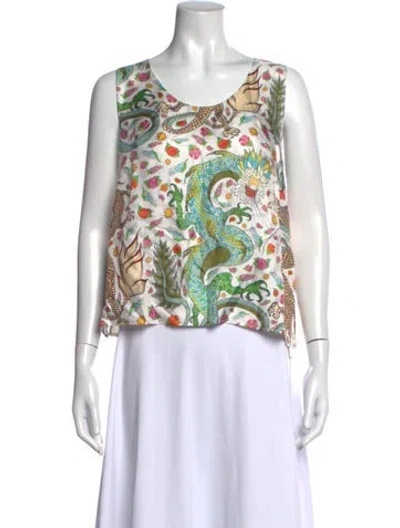 Pre-owned La Prestic Ouiston Silk Printed Top In White