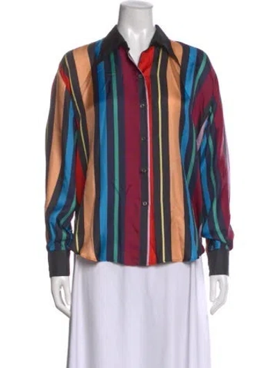 Pre-owned La Prestic Ouiston Silk Striped Button-up Top In Blue