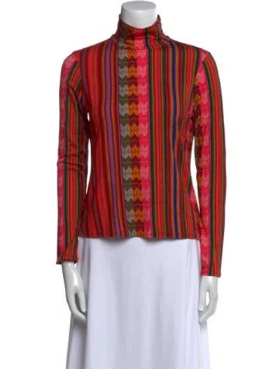 Pre-owned La Prestic Ouiston Striped Mock Neck Blouse In Red