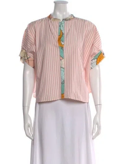 Pre-owned La Prestic Ouiston Striped Short Sleeve Blouse In Pink