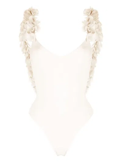 La Reveche Amira Floral-appliqué Swimsuit In Neutrals